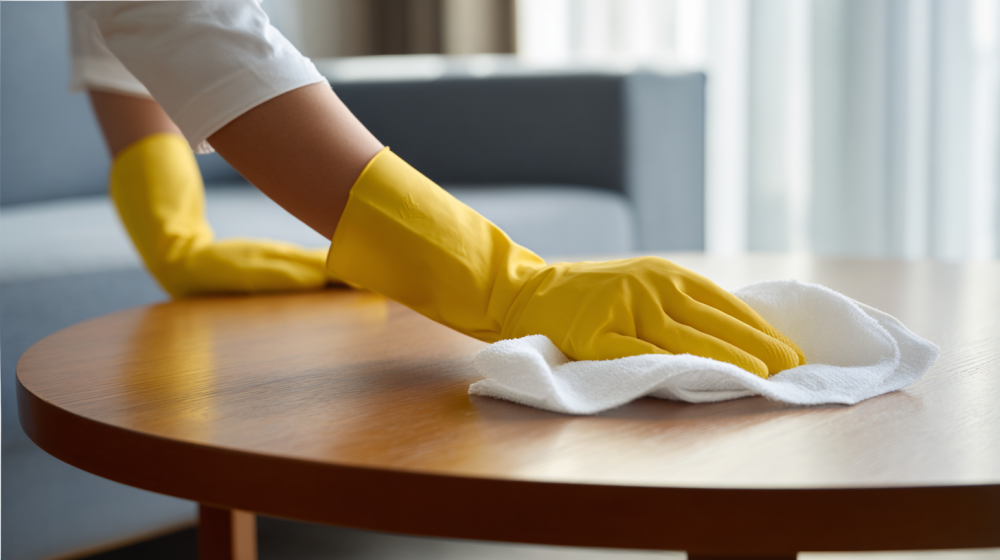 Mi Casa Cleaning Solutions  Mi Casa Cleaning Solutions Cleaner In Gloves Dusting A Minimalist Airbnb Liv A8d7131e 36c9 4880 Bd2f 3d4a4cfc09a3