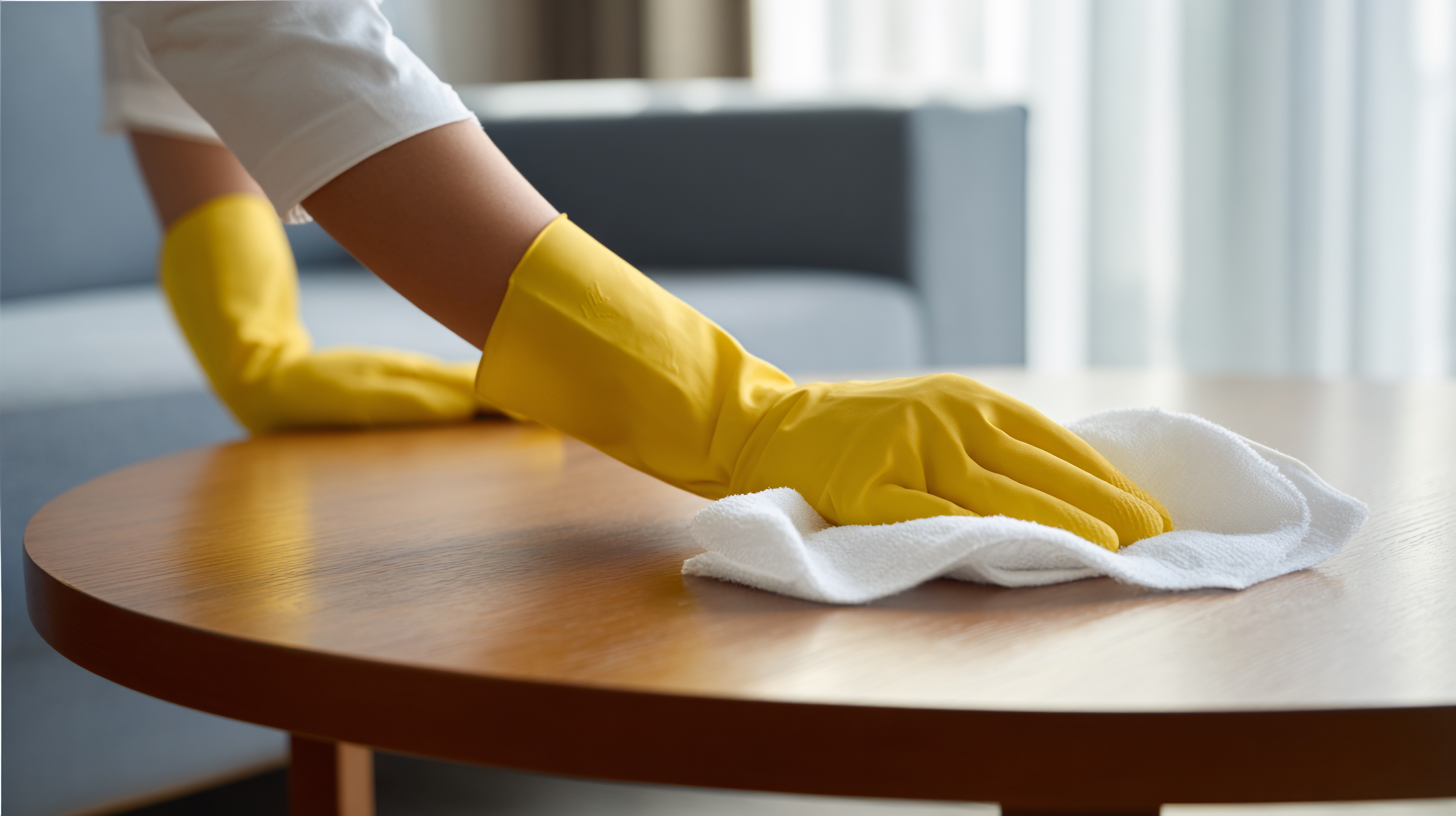 Mi Casa Cleaning Solutions  Mi Casa Cleaning Solutions Cleaner In Gloves Dusting A Minimalist Airbnb Liv A8d7131e 36c9 4880 Bd2f 3d4a4cfc09a3
