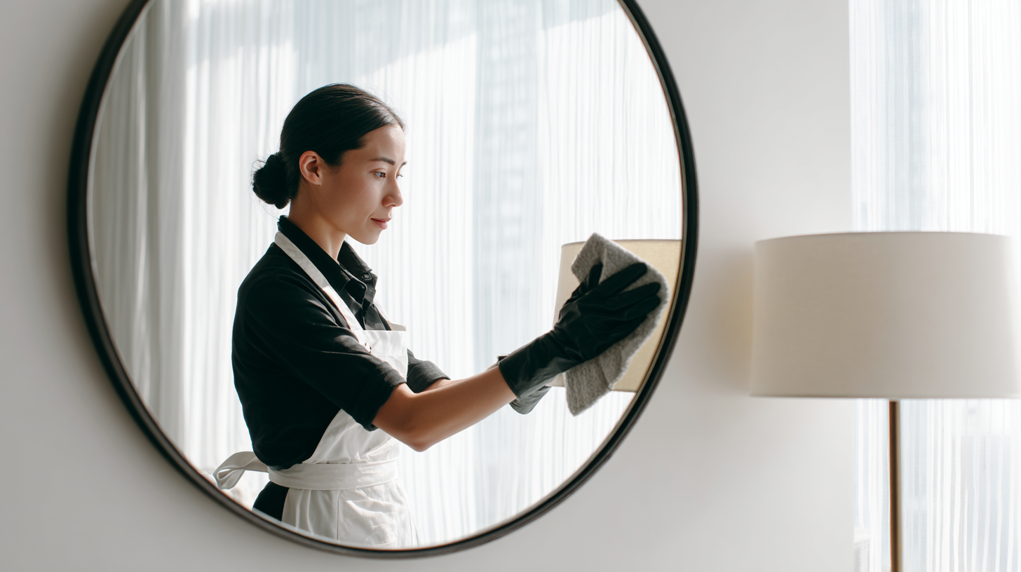 Mi Casa Cleaning Solutions  Mi Casa Cleaning Solutions Cleaner In Uniform Wiping Down A Large Wall Mirro 1353f568 1f1b 4094 Ae9f 92c22c2947b4