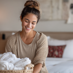 Mi Casa Cleaning Solutions  Mi Casa Cleaning Solutions Photograph Of A Smiling Airbnb Host Placing A Bas 6ac11dc0 Cfd7 4451 97bf D4b373fb38d6