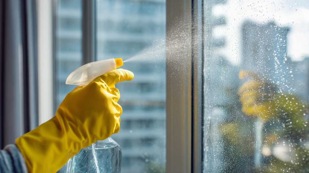 Mi Casa Cleaning Solutions  Mi Casa Cleaning Solutions Professional Cleaner In Uniform Spraying A Large C5cd407a 8a49 4407 B274 4c813b6bb87a