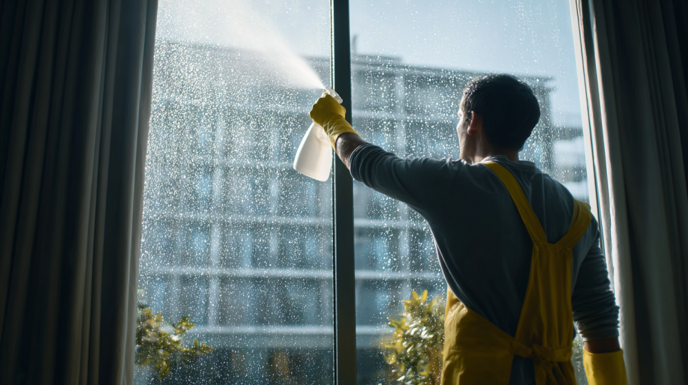 Mi Casa Cleaning Solutions  Mi Casa Cleaning Solutions Professional Cleaner In Uniform Spraying A Large Da822950 Cc3a 4df7 B513 F8ee946685e3