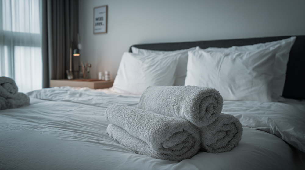 Mi Casa Cleaning Solutions  Davidv. 56221 Minimalist Guest Ready Bedroom With Towel Art A 59780ff0 Dff8 4555 994c 4cd9cf00c1db 3