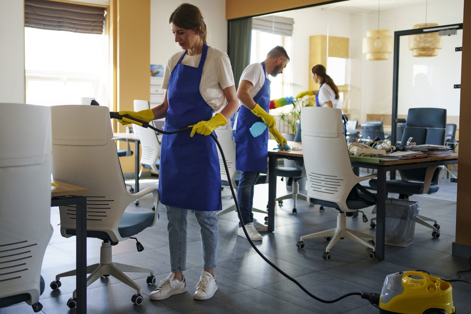 Mi Casa Cleaning Solutions  Professional Cleaning Service Person Using Vacuum Cleaner Office